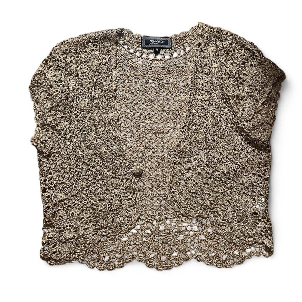 Zac & Rachel Taupe Crochet Short-Sleeve Bolero
